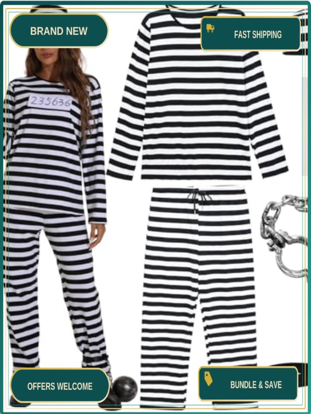 Prisoner Halloween Costume Women Jail Jumpsuit Convict Outfit 6 Piece Set